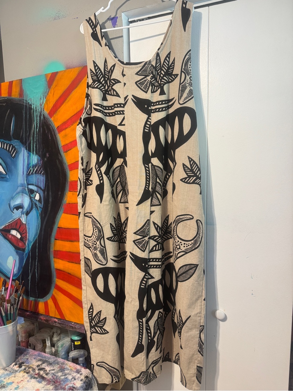 Nefertiti Collection Linen Blend Dress NWT Graphic Tribal African Art XL